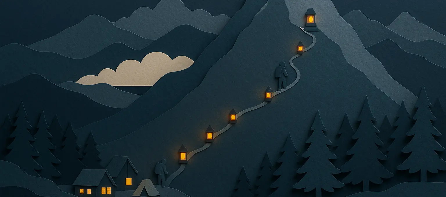 A paper-cut mountain at night: a trail of lit lanterns winds from a small camp up to a beacon on the summit, and a climber is partway up.
