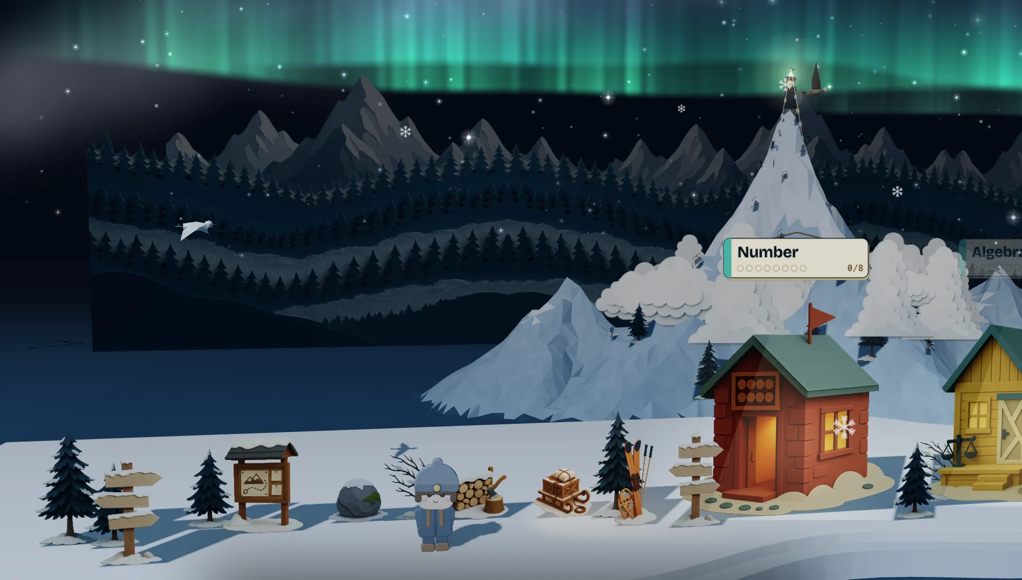 The Alpenrise mountain at night: a paper-cut base camp with a red hut and a yellow hut, a climber in a blue coat, pine trees and signposts, a snowy peak with a beacon on top, and the aurora over the ridge.